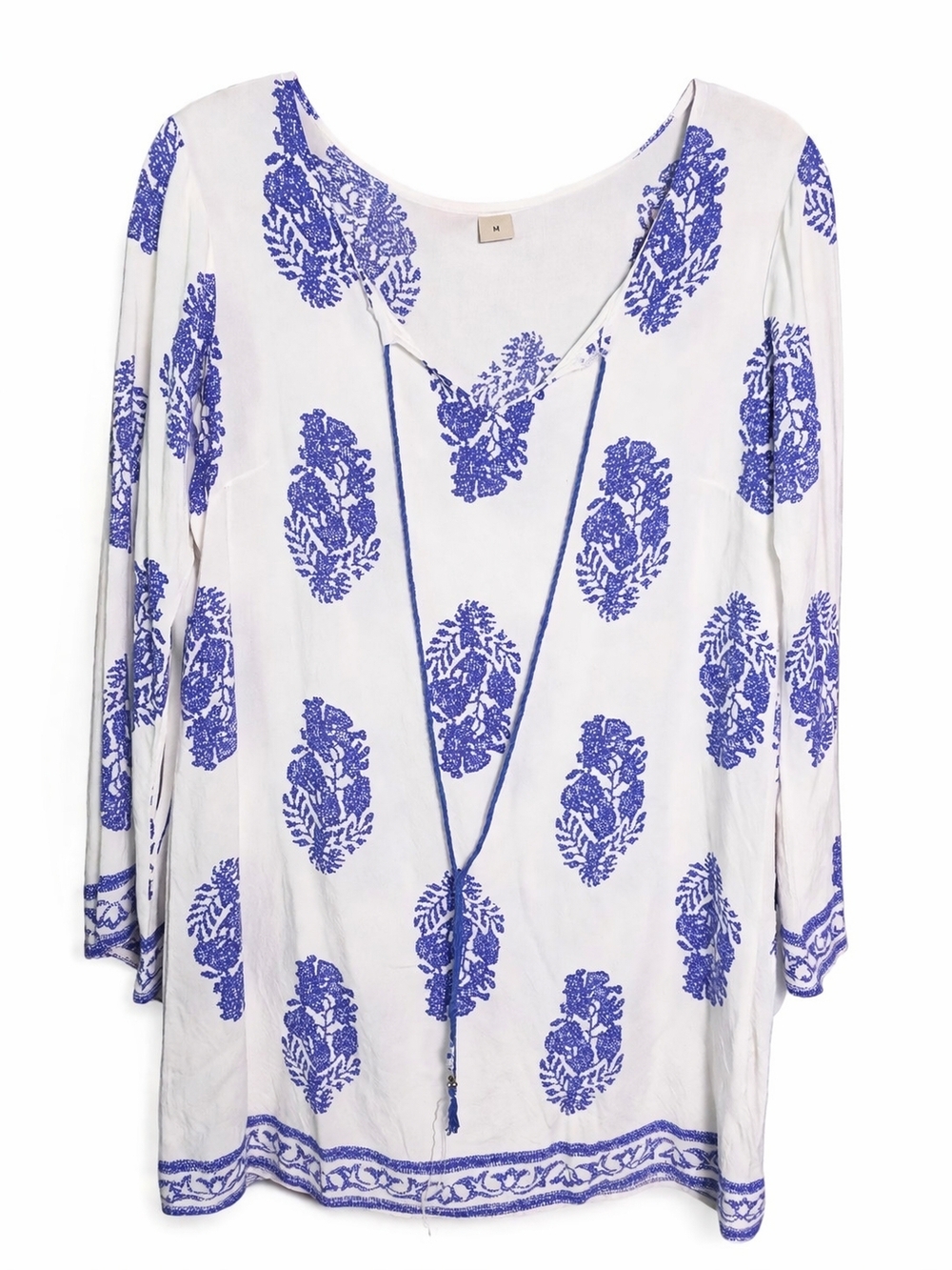 Devi White Blue Boho Chic Print Tassel Tie Dress Tunic‎ Medium